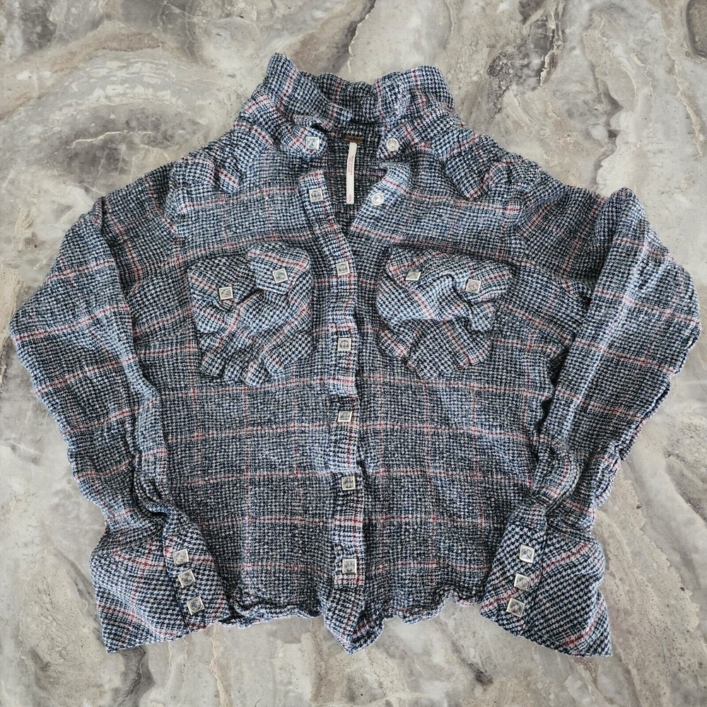 Free People Plaid Wyoming Winds Shirt S Blue Cream Houndstooth Top